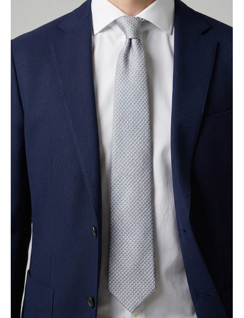 Luxe zijden das met fijn microdessin in lichtblauw en beige