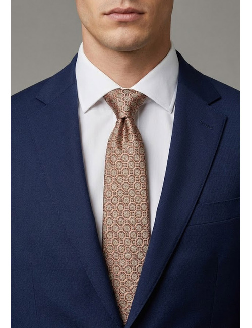 Luxe zijden das met klassiek medaillon dessin in bruintinten