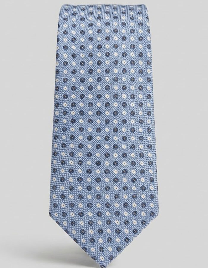 Luxe zijden das met microdessin in lichtblauw en navy