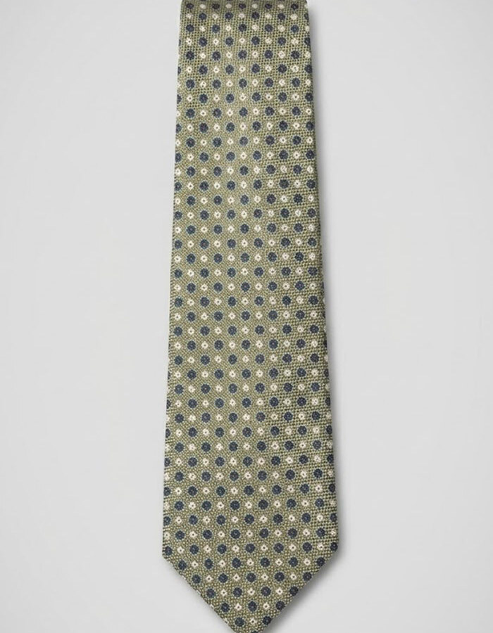 Luxe zijden das met microdessin in olijfgroen en blauw