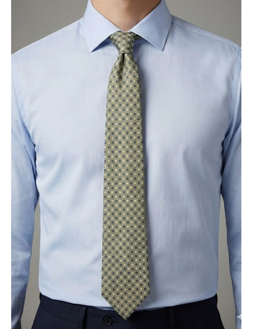 Luxe zijden das met microdessin in olijfgroen en blauw