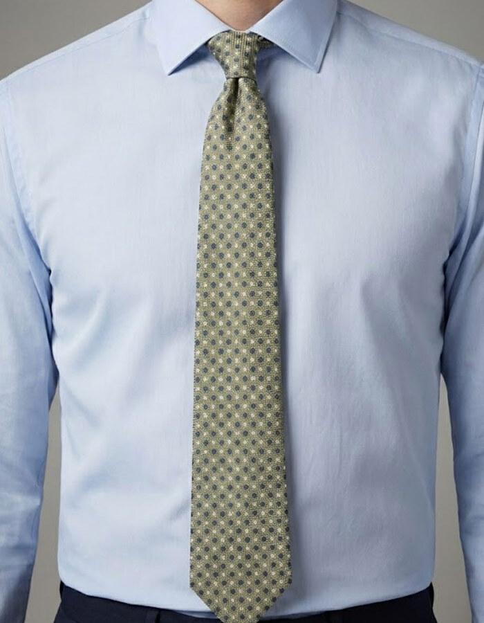 Luxe zijden das met microdessin in olijfgroen en blauw