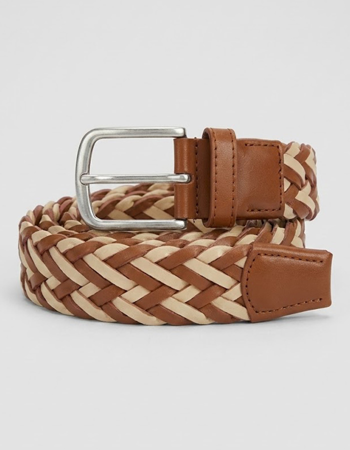 Gevlochten lederen riem in cognac en naturel
