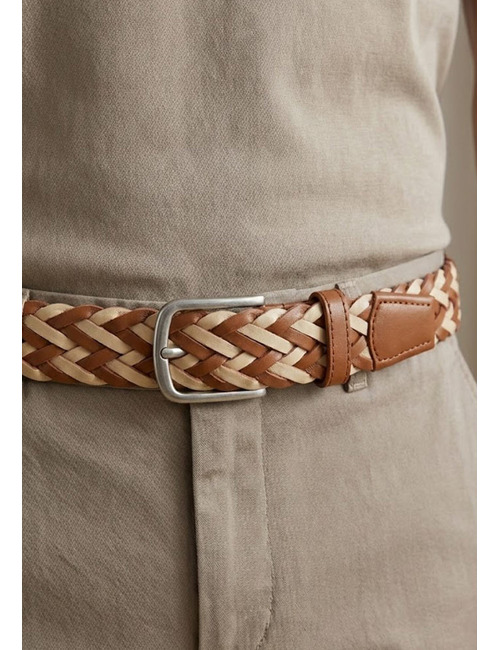 Gevlochten lederen riem in cognac en naturel