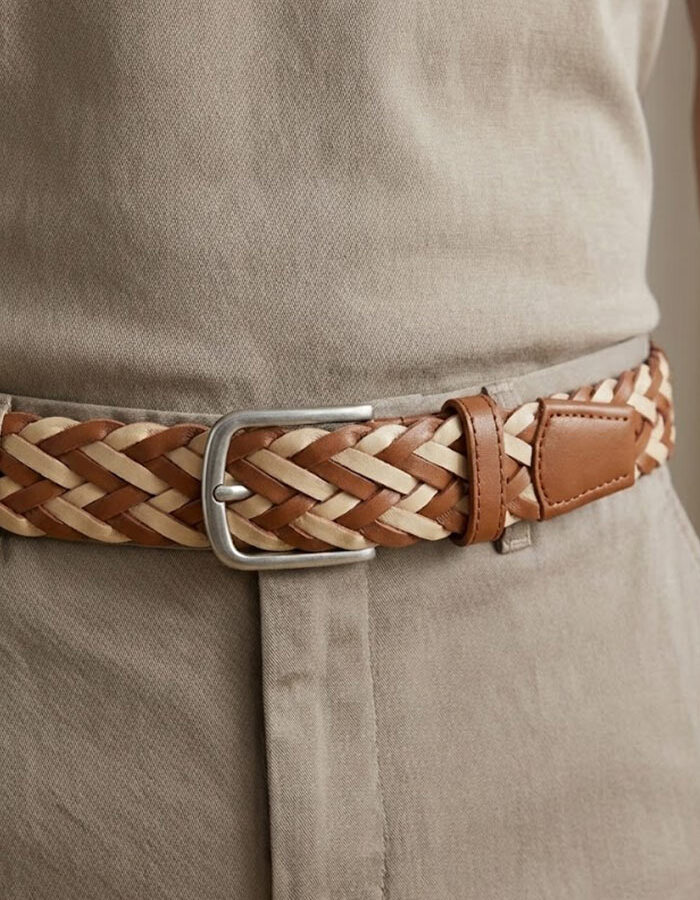 Gevlochten lederen riem in cognac en naturel