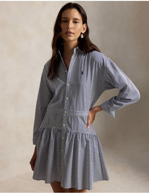 Gestreepte katoenen poplin overhemdjurk met panelen