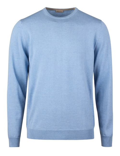 Lichtblauwe merinowollen trui met ronde hals en elleboogpatches