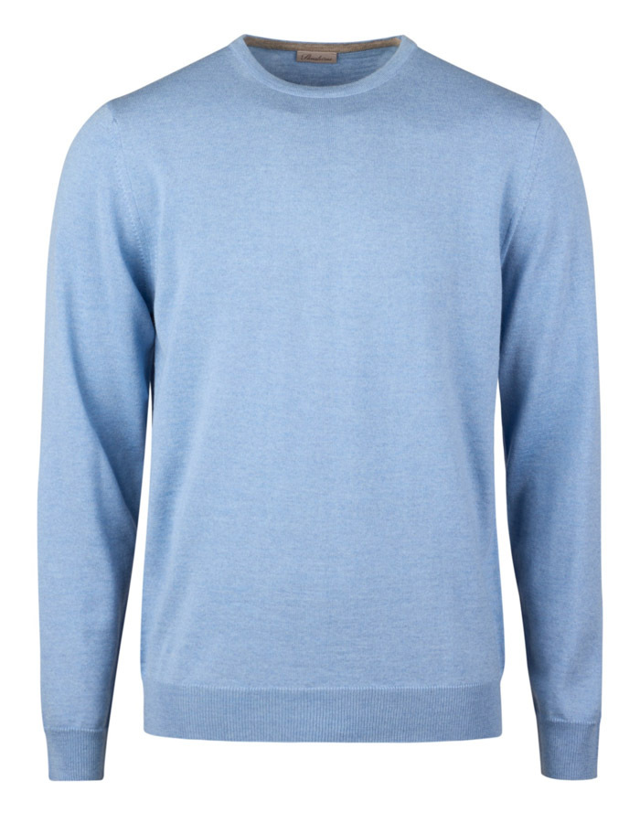 Lichtblauwe merinowollen trui met ronde hals en elleboogpatches