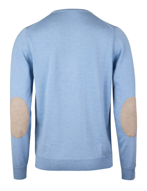 Lichtblauwe merinowollen trui met ronde hals en elleboogpatches