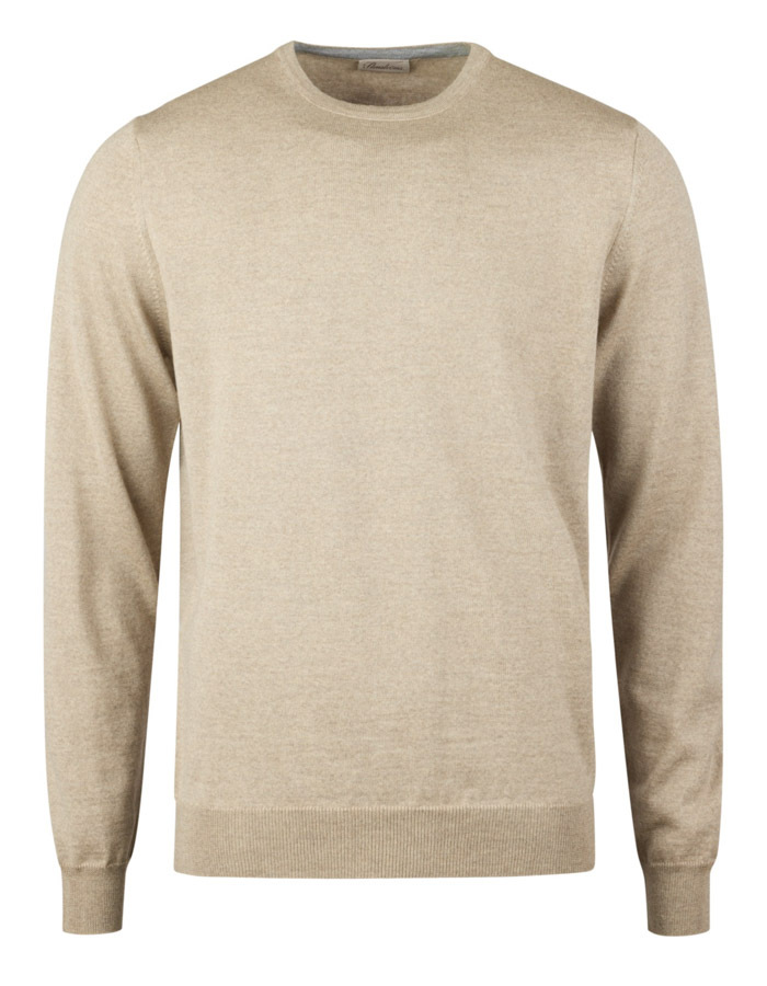 Beige merino wollen trui met elleboogpatches