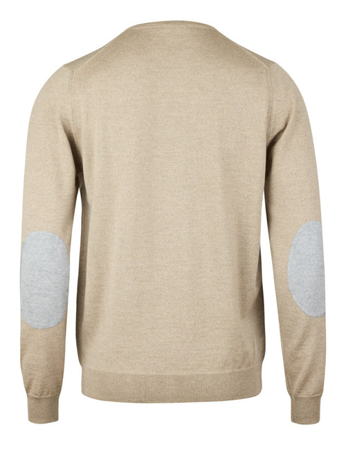 Beige merino wollen trui met elleboogpatches