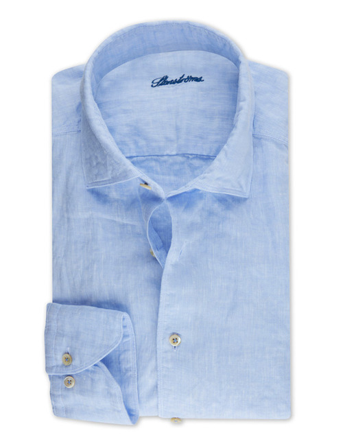 Lichtblauw linnen hemd met fitted body en cutaway kraag