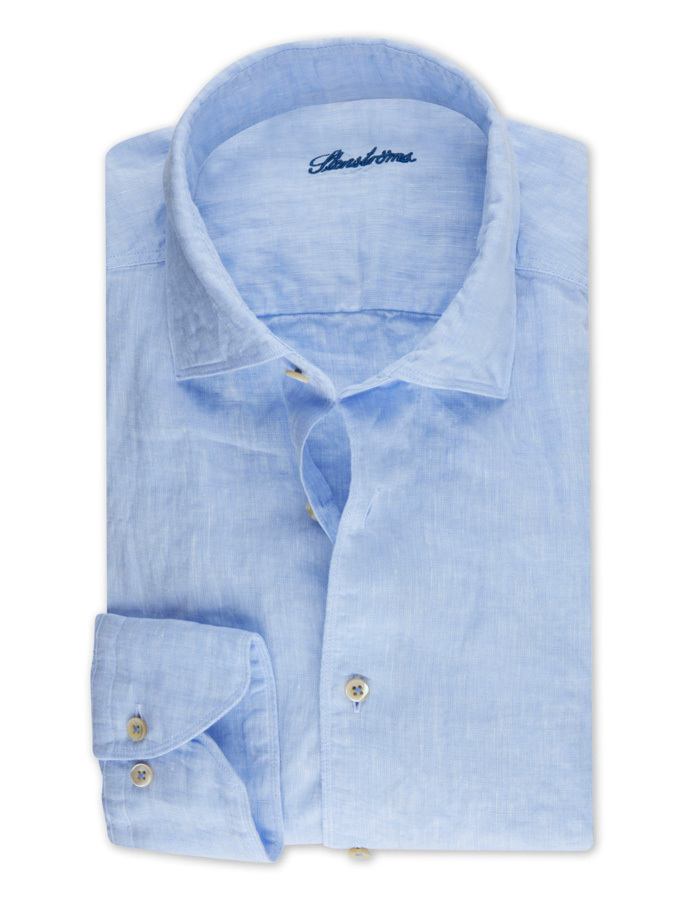 Lichtblauw linnen hemd met fitted body en cutaway kraag