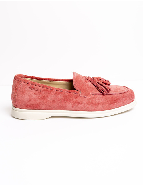 Roze suède loafer met tassels en comfortabele zool