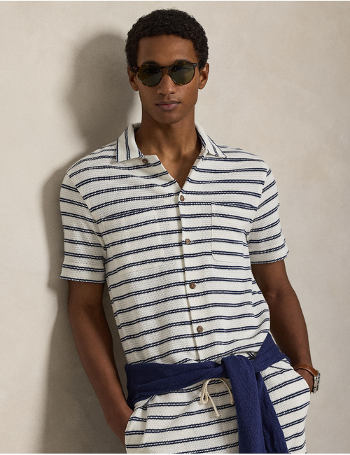 striped pointelle ribbed camp shirt in pale cream newport navy