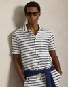 striped pointelle ribbed camp shirt in pale cream newport navy
