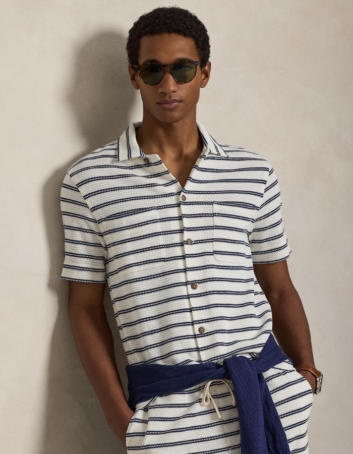 striped pointelle ribbed camp shirt in pale cream newport navy
