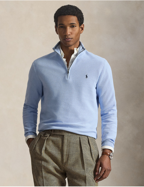 mesh knit cotton quarter zip sweater in office blue