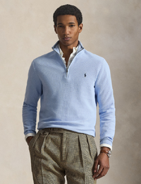 mesh knit cotton quarter zip sweater in office blue