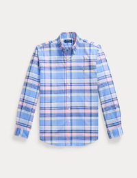 Custom fit geruit stretch oxford overhemd in blue pink multi