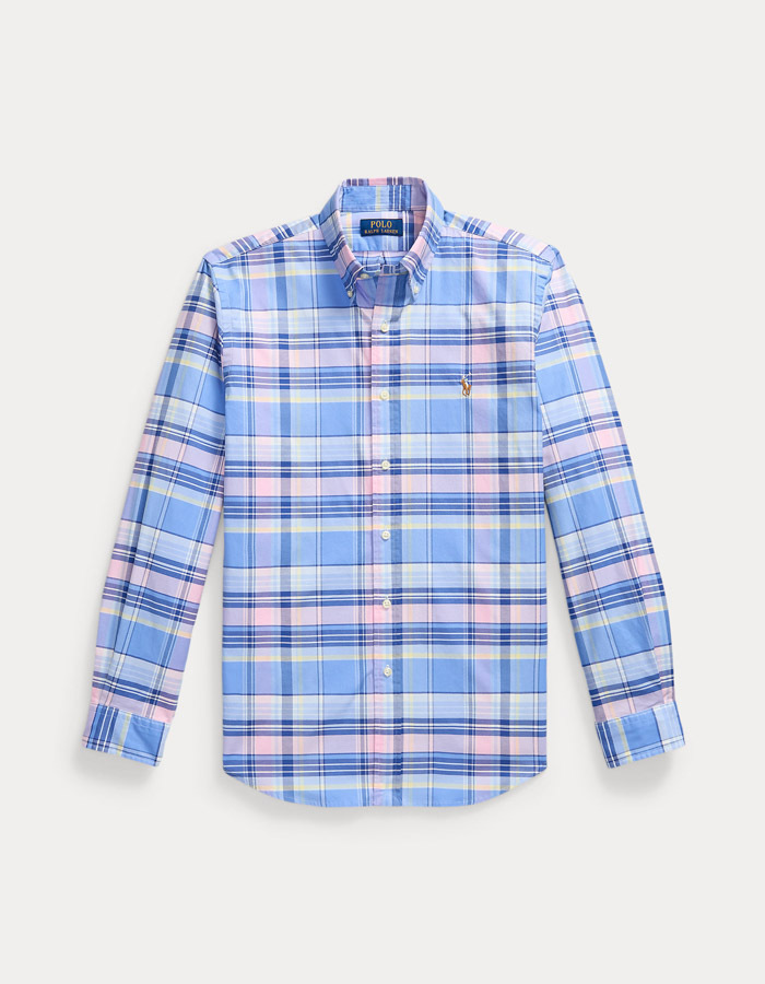 Custom fit geruit stretch oxford overhemd in blue pink multi