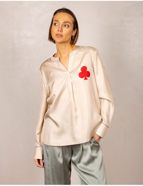 Satijnen blouse met print in ecru
