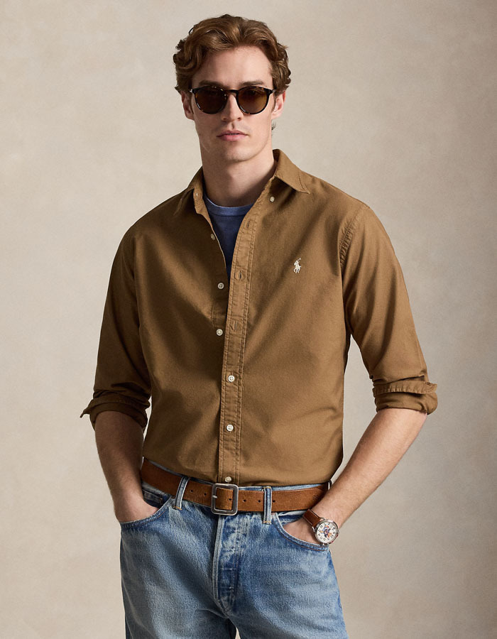 Custom fit garment dyed oxford overhemd in RL brown