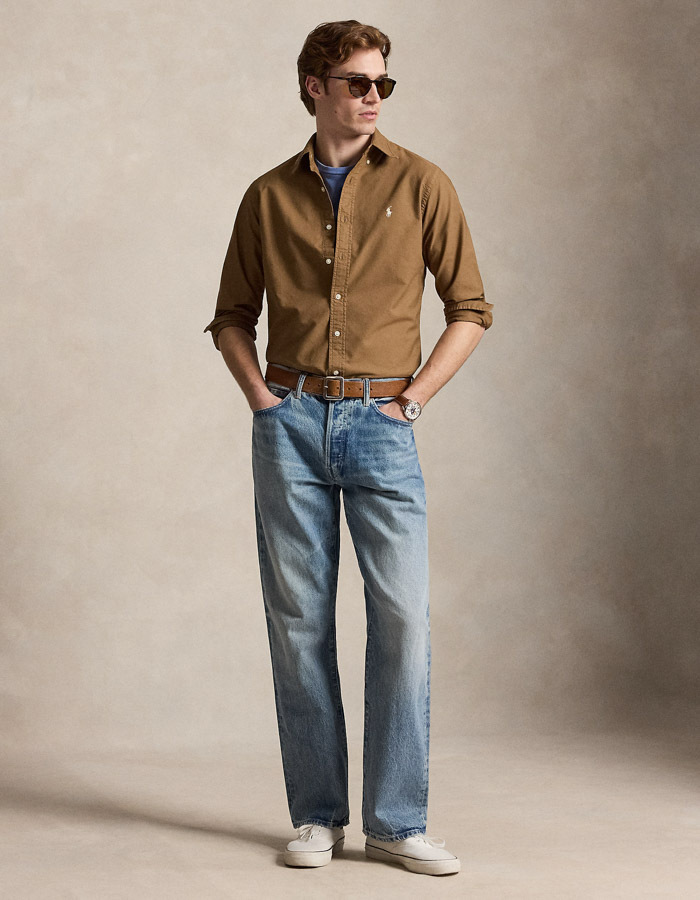 Custom fit garment dyed oxford overhemd in RL brown