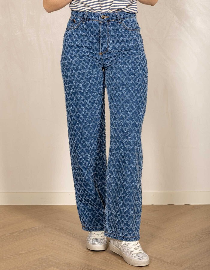 Wijde denim broek met grafisch patroon blauw