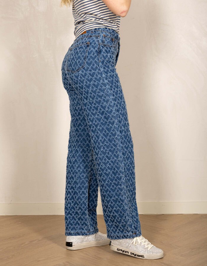 Wijde denim broek met grafisch patroon blauw