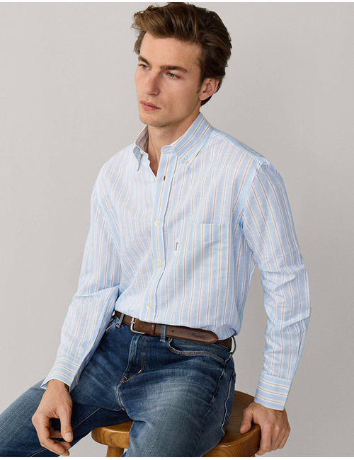 Regular fit gestreepte linnen blend overhemd in horizon blue