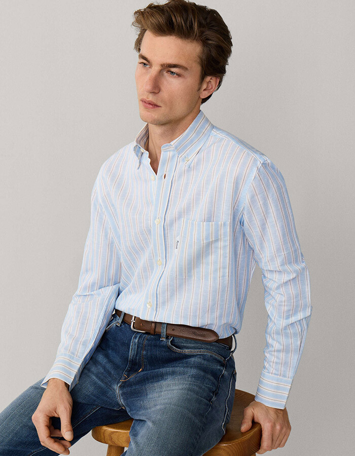 Regular fit gestreepte linnen blend overhemd in horizon blue