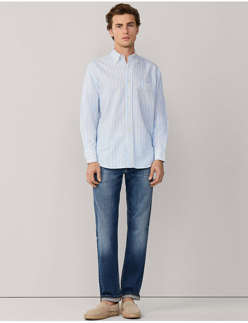 Regular fit gestreepte linnen blend overhemd in horizon blue