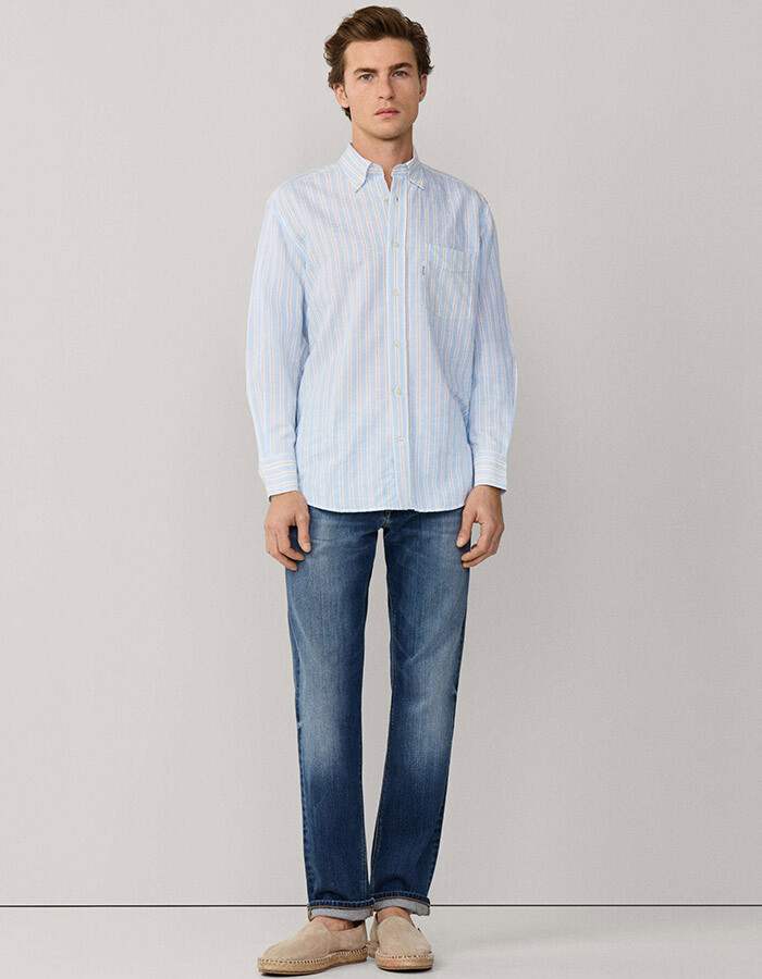 Regular fit gestreepte linnen blend overhemd in horizon blue