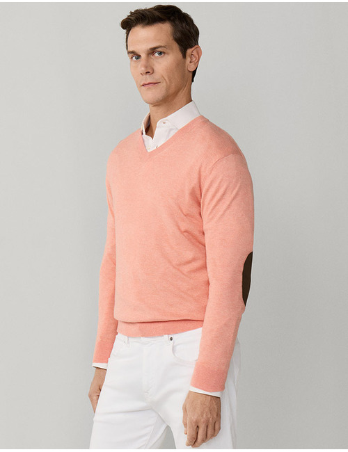 Cotton cashmere v neck jumper in peach orange