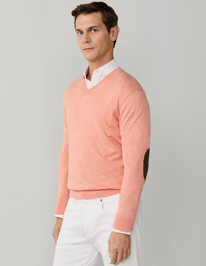 Cotton cashmere v neck jumper in peach orange