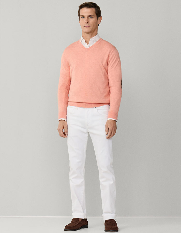 Cotton cashmere v neck jumper in peach orange