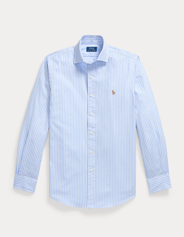 Custom fit gestreept stretch oxford hemd in blauw wit
