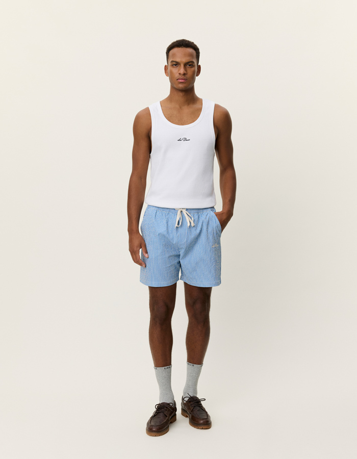 Stan stripe seersucker swim shorts in palace blue