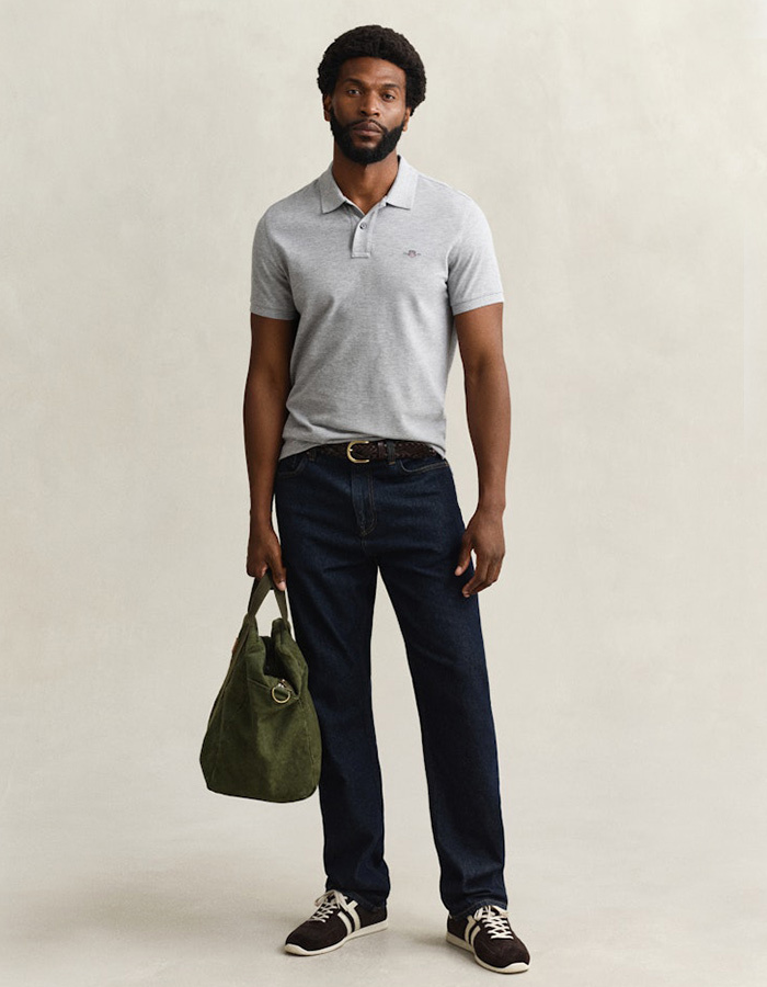 Slim fit piqué poloshirt met borstlogo in grey melange