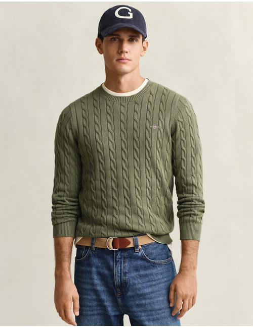 Katoenen kabeltrui met ronde hals in dry herb green