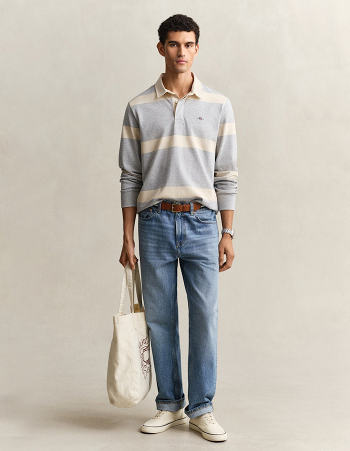 Regular fit gestreepte rugger met lange mouwen in grey melange