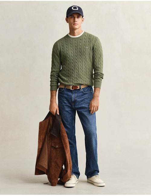 Katoenen kabeltrui met ronde hals in dry herb green