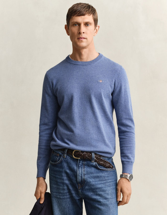 Katoenen trui met ronde hals en regular fit in denim blue melange