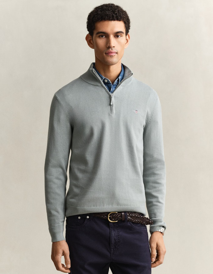 Katoenen sweater met halve rits en regular fit in ceramic grey