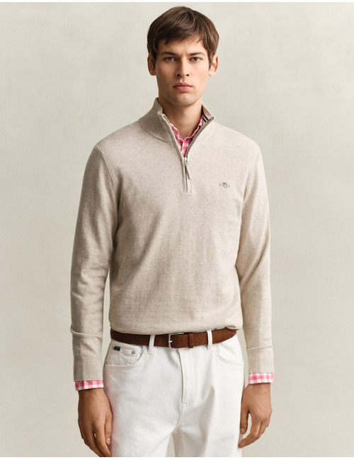 Katoenen sweater met halve rits en regular fit in oat melange