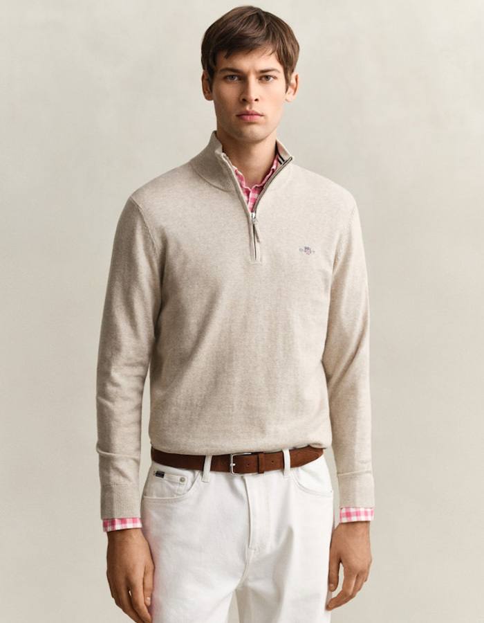 Katoenen sweater met halve rits en regular fit in oat melange