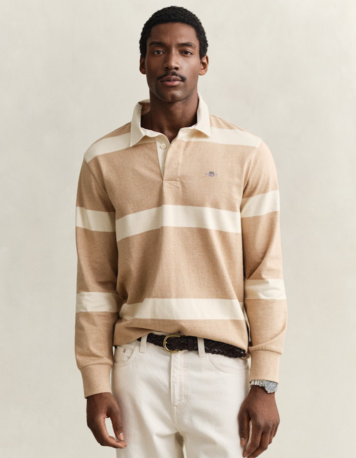 Regular fit gestreepte rugger met lange mouwen in khaki melange