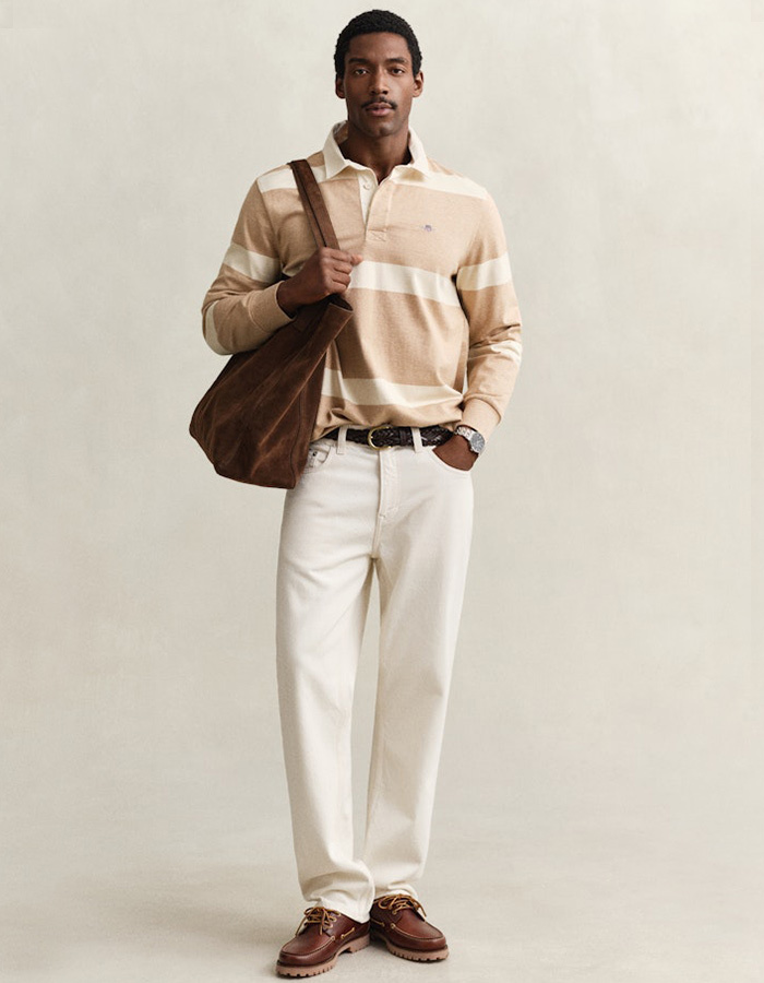 Regular fit gestreepte rugger met lange mouwen in khaki melange