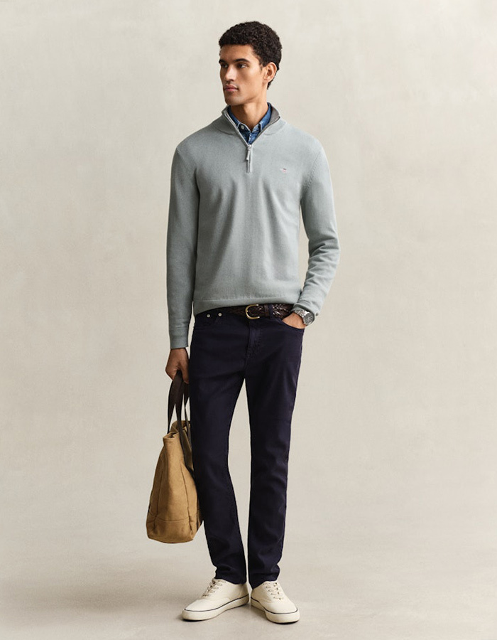 Katoenen sweater met halve rits en regular fit in ceramic grey